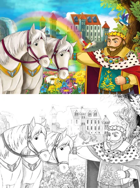 cartoon scene with prince or king near some beautiful rainbow waterfall and medieval castle - illustration for children