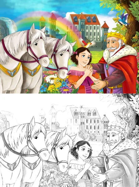 与一些美丽的女孩在森林会议的卡通场面与王子瀑布城堡和彩虹白色马在后面 例证为孩子 — 图库照片