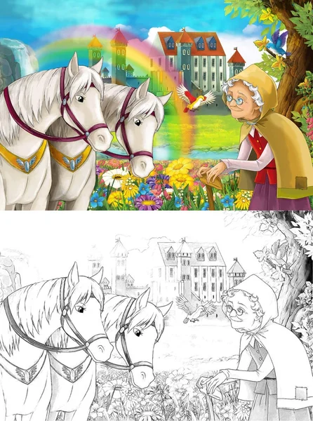 动画片童话场面与年长的妇女在领域在小瀑布附近五颜六色彩虹并且大城堡 场面与 Colorign 孩子的例证 — 图库照片