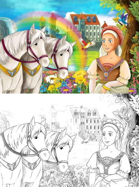 Çizgi Film Sahne Güzel Ortaçağ Kalesi Şelale Sayfa Illüstrasyon Çocuklar — Stok fotoğraf