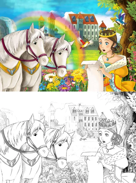 cartoon scene with young princess watching two white horses near beautiful medieval castle waterfall and rainbow with coloring page - illustration for children