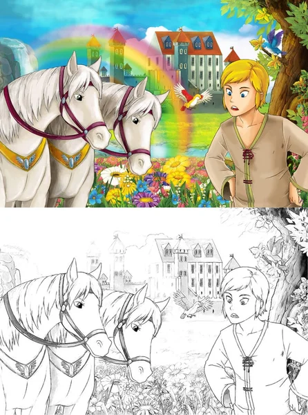 Escena Dibujos Animados Con Príncipe Rey Cerca Una Hermosa Cascada —  Fotos de Stock