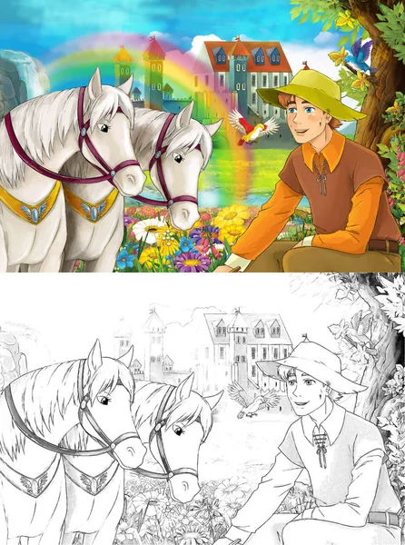 卡通场景与王子或国王附近的一些美丽的彩虹瀑布和中世纪城堡 儿童插画 — 图库照片
