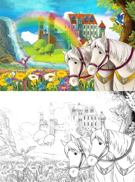 Kreslený Scény Krásné Párem Koní Proudu Rainbow Palác Pozadí Barevné — Stock fotografie