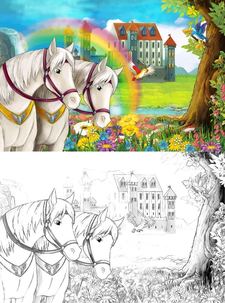 卡通场景与美丽的一对马流彩虹和宫殿的背景与着色页 — 图库照片