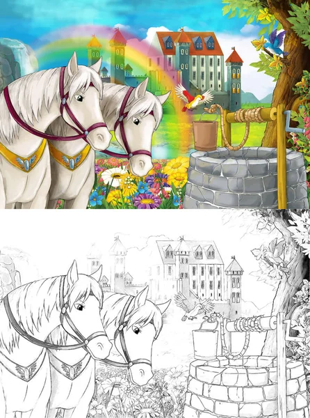 Cartoon Scene Two Beautiful Horses Some Rainbow Waterfall Medieval Castle — Stock Photo, Image