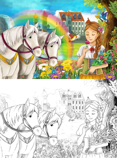 Cartoon Scene Young Princess Watching Two White Horses Beautiful Medieval — Stock Photo, Image