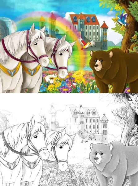 卡通场景与两匹美丽的白马和野熊附近一些美丽的彩虹瀑布和中世纪城堡插图为孩子们 — 图库照片