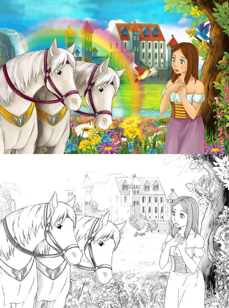 Escena Dibujos Animados Con Joven Princesa Viendo Dos Caballos Blancos — Foto de Stock