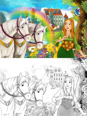 çizgi film sahne güzel Ortaçağ Kalesi şelale ve sayfa - illüstrasyon çocuklar için boyama ile gökkuşağı yakınındaki iki beyaz at izlerken genç prenses ile
