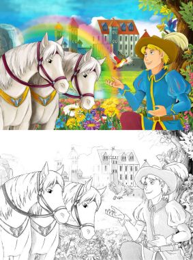 çizgi film sahne Prens ya da bazı güzel gökkuşağı şelale ve Ortaçağ Kalesi - illüstrasyon çocuklar için Kral ile 