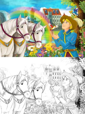 çizgi film sahne Prens ya da bazı güzel gökkuşağı şelale ve Ortaçağ Kalesi - illüstrasyon çocuklar için Kral ile 