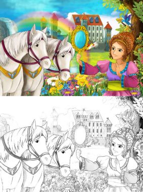 çizgi film sahne güzel Ortaçağ Kalesi şelale ve sayfa - illüstrasyon çocuklar için boyama ile gökkuşağı yakınındaki iki beyaz at izlerken genç prenses ile