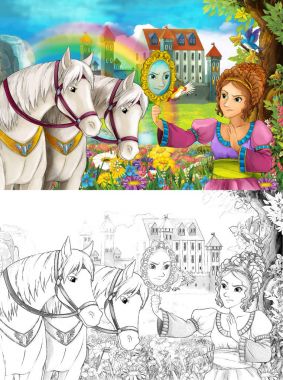 çizgi film sahne güzel Ortaçağ Kalesi şelale ve sayfa - illüstrasyon çocuklar için boyama ile gökkuşağı yakınındaki iki beyaz at izlerken genç prenses ile