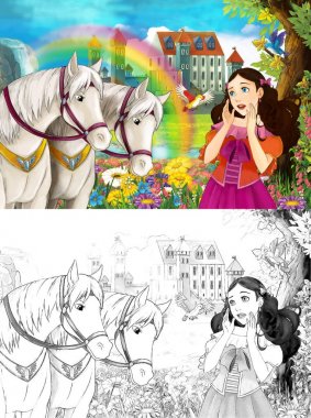 çizgi film sahne güzel Ortaçağ Kalesi şelale ve sayfa - illüstrasyon çocuklar için boyama ile gökkuşağı yakınındaki iki beyaz at izlerken genç prenses ile
