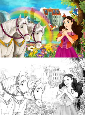 çizgi film sahne güzel Ortaçağ Kalesi şelale ve sayfa - illüstrasyon çocuklar için boyama ile gökkuşağı yakınındaki iki beyaz at izlerken genç prenses ile