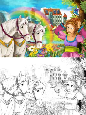 çizgi film sahne güzel Ortaçağ Kalesi şelale ve sayfa - illüstrasyon çocuklar için boyama ile gökkuşağı yakınındaki iki beyaz at izlerken genç prenses ile