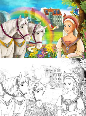 çizgi film sahne güzel Ortaçağ Kalesi şelale ve sayfa - illüstrasyon çocuklar için boyama ile gökkuşağı yakınındaki iki beyaz at izlerken genç prenses ile