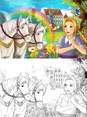 çizgi film sahne güzel Ortaçağ Kalesi şelale ve sayfa - illüstrasyon çocuklar için boyama ile gökkuşağı yakınındaki iki beyaz at izlerken genç prenses ile