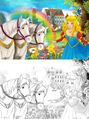 çizgi film sahne güzel Ortaçağ Kalesi şelale ve sayfa - illüstrasyon çocuklar için boyama ile gökkuşağı yakınındaki iki beyaz at izlerken genç prenses ile