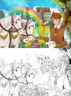 çizgi film sahne Prens ya da bazı güzel gökkuşağı şelale ve Ortaçağ Kalesi - illüstrasyon çocuklar için Kral ile