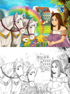 çizgi film sahne güzel Ortaçağ Kalesi şelale ve sayfa - illüstrasyon çocuklar için boyama ile gökkuşağı yakınındaki iki beyaz at izlerken genç prenses ile