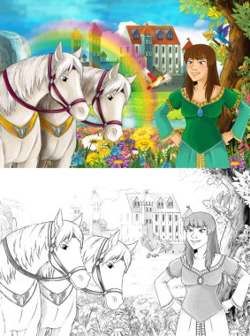 çizgi film sahne güzel Ortaçağ Kalesi şelale ve sayfa - illüstrasyon çocuklar için boyama ile gökkuşağı yakınındaki iki beyaz at izlerken genç prenses ile