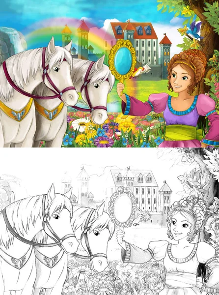 Kreslený Scény Mladá Princezna Sleduje Dva Bílí Koně Poblíž Vodopádu — Stock fotografie