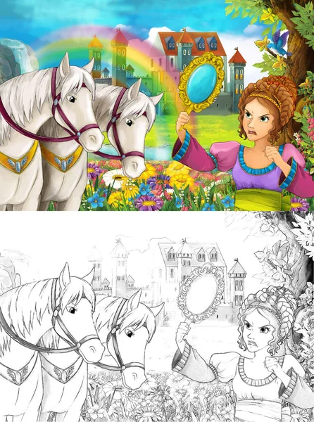 Cartoon Scene Young Princess Watching Two White Horses Beautiful Medieval — Stock Photo, Image