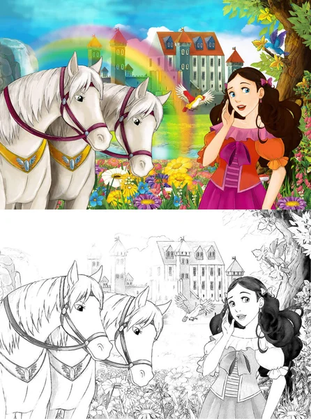 卡通场景与年轻的公主看着两匹白马附近美丽的中世纪城堡瀑布和彩虹着色页 儿童插画 — 图库照片