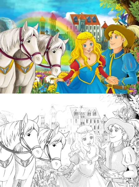 与一些美丽的女孩在森林会议的卡通场面与王子瀑布城堡和彩虹白色马在后面 例证为孩子 — 图库照片