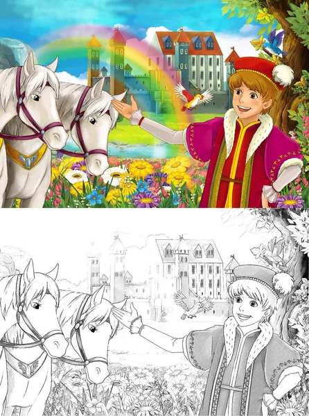 Cartoon Scene Prince King Some Beautiful Rainbow Waterfall Medieval Castle — Stock Photo, Image