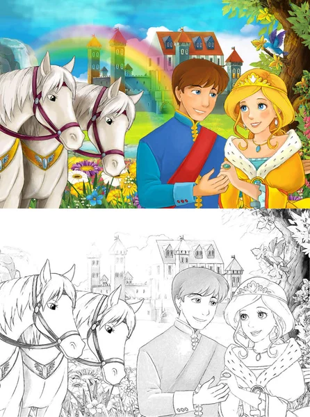 Cartoon scene with some beautiful girl in forest meeting with prince - waterfall castle and rainbow - white horses in the back - illustration for children