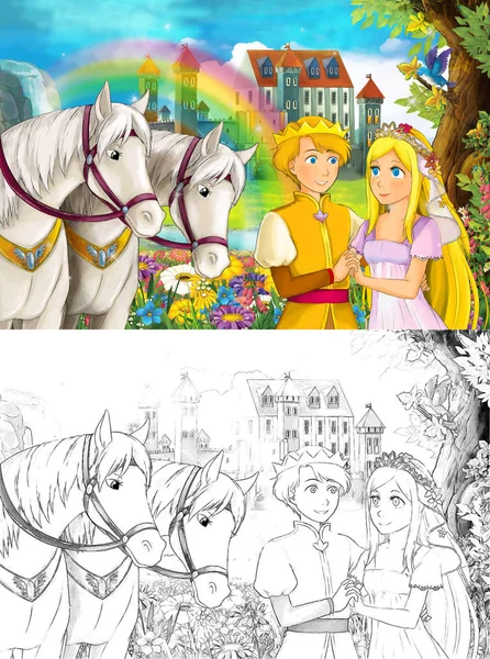 Cartoon Scene Some Beautiful Girl Forest Meeting Prince Waterfall Castle — Stock Photo, Image