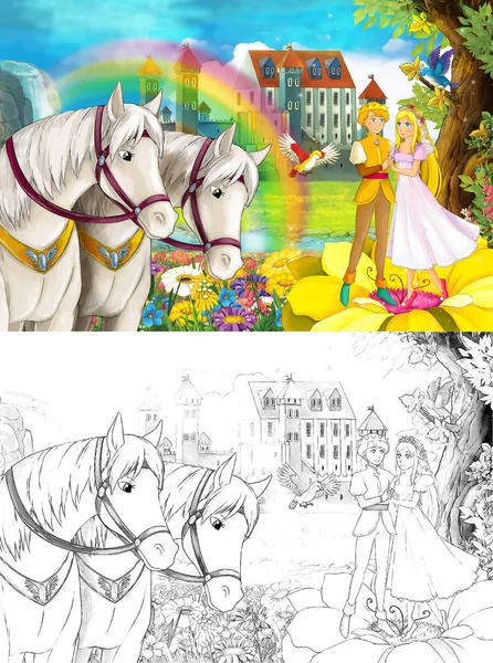 Cartoon Scene Some Beautiful Girl Forest Meeting Prince Waterfall Castle — Stock Photo, Image