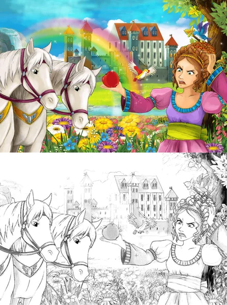 Cartoon Scene Young Princess Watching Two White Horses Beautiful Medieval — Stock Photo, Image