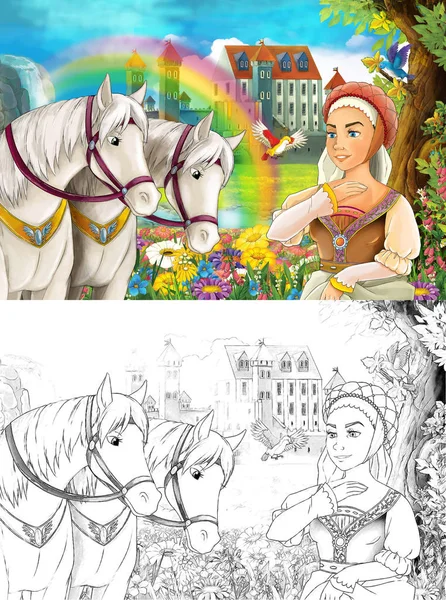Kreslený Scény Mladá Princezna Sleduje Dva Bílí Koně Poblíž Vodopádu — Stock fotografie