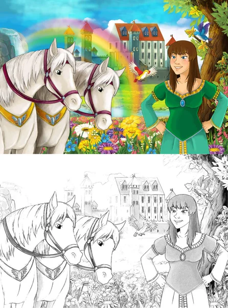 çizgi film sahne güzel Ortaçağ Kalesi şelale ve sayfa - illüstrasyon çocuklar için boyama ile gökkuşağı yakınındaki iki beyaz at izlerken genç prenses ile