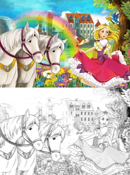 Escena Dibujos Animados Con Joven Princesa Viendo Dos Caballos Blancos — Foto de Stock