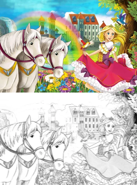 Cartoon Scene Young Princess Watching Two White Horses Beautiful Medieval — Stock Photo, Image