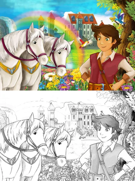 卡通场景与王子或国王附近的一些美丽的彩虹瀑布和中世纪城堡 儿童插画 — 图库照片