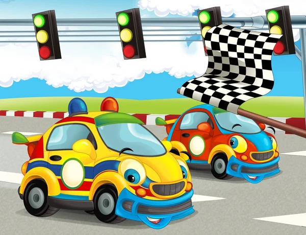 Cartoni Animati Divertente Felice Cercando Auto Corsa Pista Illustrazione Bambini — Foto Stock