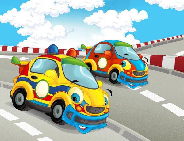 Cartoni Animati Divertente Felice Cercando Auto Corsa Pista Illustrazione Bambini — Foto Stock