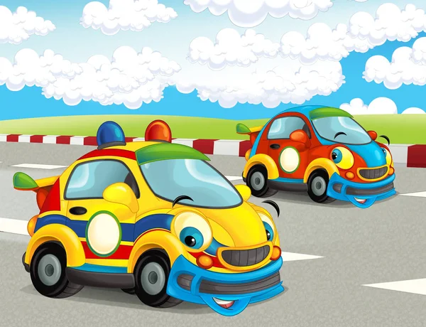 Rajzfilm Vicces Boldog Látszó Racing Autók Pályán Illusztrációja Gyermekeknek — Stock Fotó
