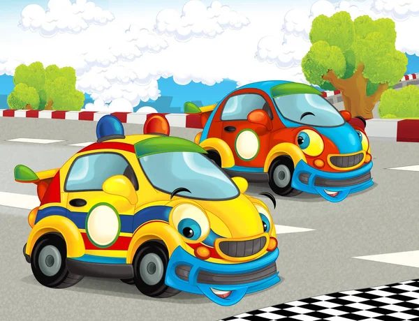 Cartoni Animati Divertente Felice Cercando Auto Corsa Pista Illustrazione Bambini — Foto Stock