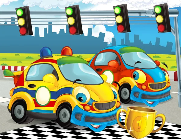 Мультфильм Смешной Счастливый Вид Гоночных Автомобилей Гоночной Трассе Иллюстрация Детей — стоковое фото