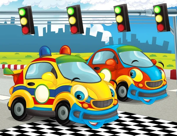 Cartoon Funny Happy Looking Racing Cars Race Track Illustration Children — Stock Photo, Image