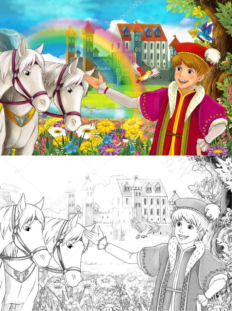 cartoon scene with prince or king near some beautiful rainbow waterfall and medieval castle - illustration for children 