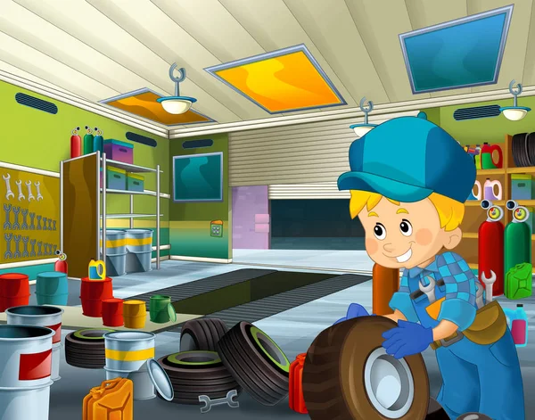 Cartoon Scene Mechanic Garage Working Illustration Children — Stock Photo, Image