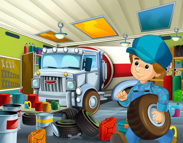 Cartoon Scene Garage Mechanic Working Repearing Cistern Illustration Children — Stock Photo, Image